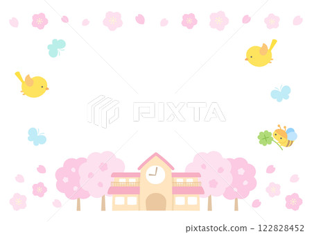 Frame for celebrating graduation or admission to kindergarten. Illustration of spring cherry blossoms, kindergarten, birds, butterflies, and bees. 122828452