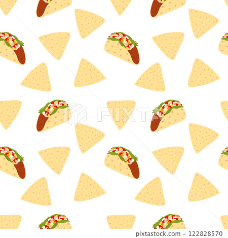 Meat filled Taco and Triangular Nacho Seamless Pattern. Traditional Mexican Food background concept 122828570
