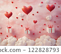 paper art of red hearts hanging on a pink background 122828793