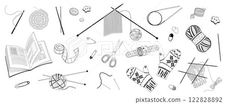 set of elements about knitting, knitting needles, crochet, balls of wool, pins, scissors, row counter, stitch markers, buttons, knitted mittens 122828892