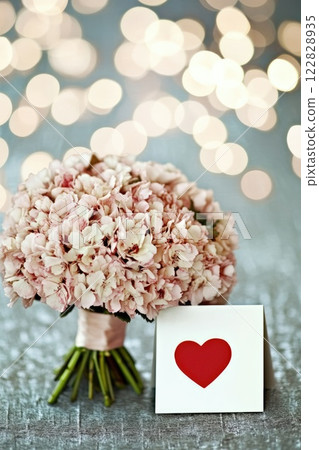 Beautiful bouquet of flowers and love letter greeting card with red heart, Mother's Day, Valentine's day, concept 122828935