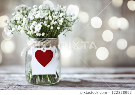 Beautiful bouquet of flowers and love letter greeting card with red heart, Mother's Day, Valentine's day, concept 122828992