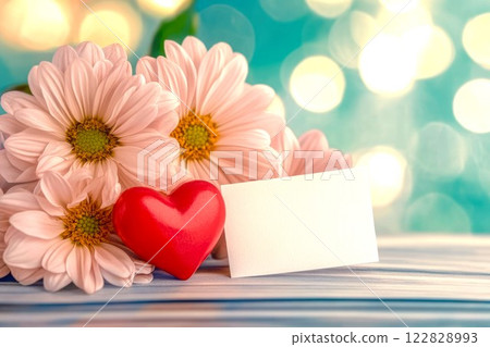 Beautiful bouquet of flowers and love letter greeting card with red heart, Mother's Day, Valentine's day, concept 122828993