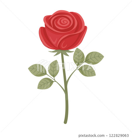Red Rose Flower with leaves. Hand drawn Trendy flat style isolated icon. Valentine Day Red Rose Flower with leaves. Hand drawn Trendy flat style isolated icon. Valentine Day 122829063