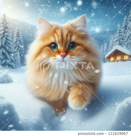 A cat walking in the snow 122829067