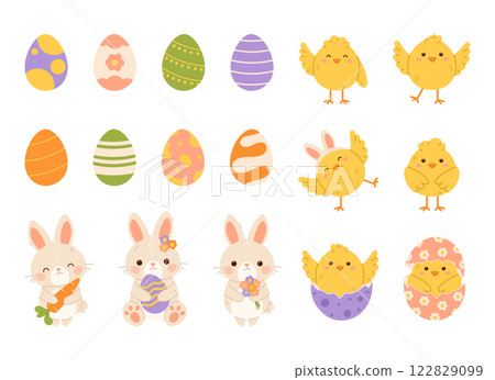 Set of Easter elements. Easter bunny, chicks and eggs. Flat vector isolated illustration 122829099
