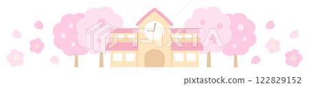 Cute illustration of a kindergarten building and spring cherry blossoms 122829152
