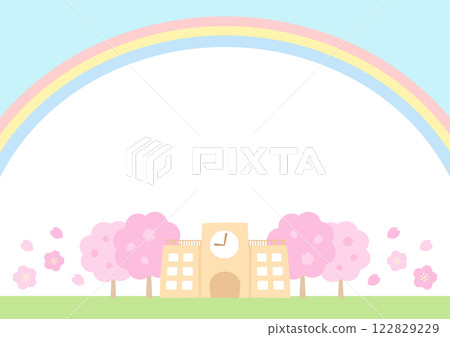 Background material with a rainbow, blue sky, cherry blossoms and school Illustration of entrance ceremony or graduation ceremony Background material with a rainbow, blue sky, cherry blossoms and school Illustration of entrance ceremony or graduation ceremony 122829229