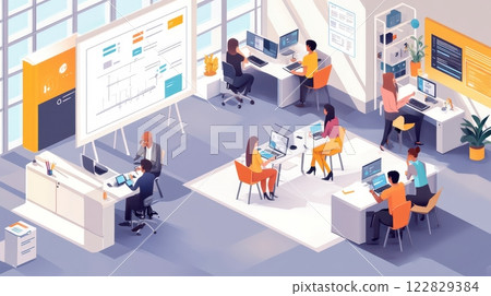 Modern Open-Concept Office with Professionals Working in Natural Light 122829384