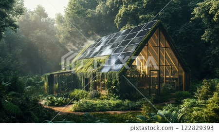 Eco-Friendly House with Solar Panels in a Lush Green Forest 122829393