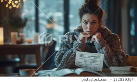 Concerned Woman Reading Utility Bill at Home 122829394