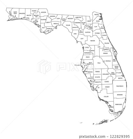 Outline of U.S. state Florida divided into counties. State in the Southeastern region of United States, subdivided into 67 counties. Map with county boundaries and names. Black and white illustration. 122829395