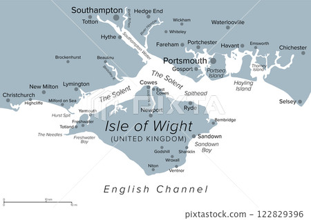 Isle of Wight and surroundings gray political map. Island, county and unitary authority in the English Channel across The Solent off the coast of Hampshire. Largest island in England. Illustration. 122829396