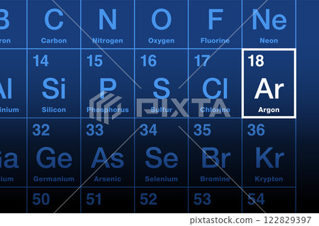 Argon element on the periodic table. Noble gas with atomic number 18 and symbol Ar from Greek word argon, meaning lazy or inactive. Used as inert shielding gas, incandescent, fluorescent lighting etc. Argon element on the periodic table. Noble gas with atomic number 18 and symbol Ar from Greek word argon, meaning lazy or inactive. Used as inert shielding gas, incandescent, fluorescent lighting etc. 122829397