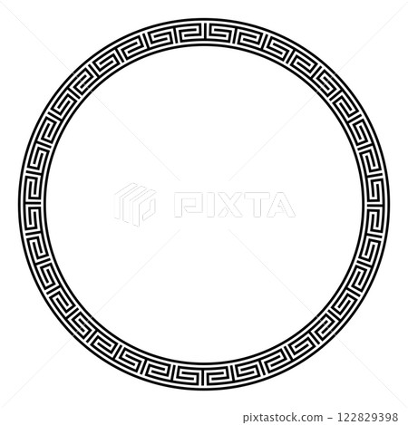 Chinese meander pattern, large circle frame. Decorative round border with disconnected and direction changing meanderings, a repeated motif, similar to Greek key pattern. Isolated illustration. Vector 122829398