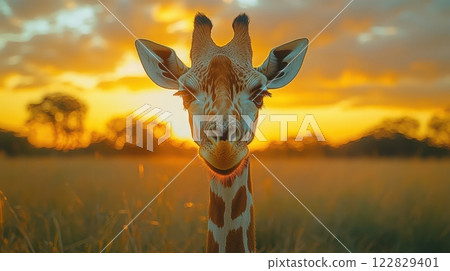 Close-up Portrait of a Giraffe at Sunset 122829401