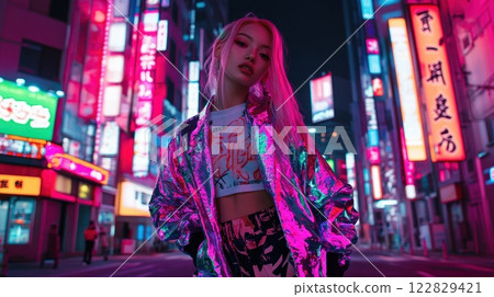 Neon Fashion on a Vibrant Tokyo Street at Night 122829421