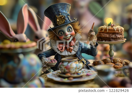 Whimsical Tea Party with a Festive Atmosphere and Colorful Characters 122829426