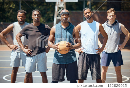 Portrait of a sports basketball team training for a game on an outdoor professional court. Workout, athletes and healthy group of men preparing with exercise and fitness for match on a playing field. 122829915