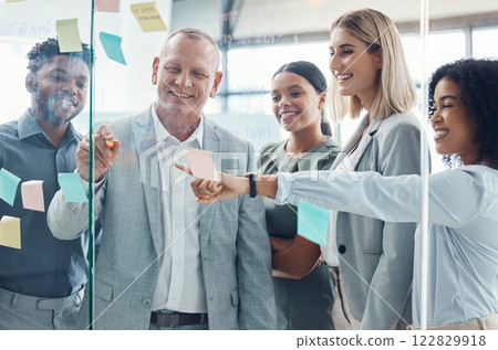 Business people planning on sticky note in meeting, post it paper for creative advertising idea and team collaboration for marketing project. Teamwork for global company strategy on glass in office 122829918