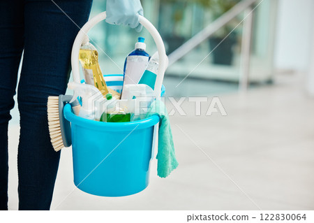 Cleaning container products with cleaner person hand in a office building or corporate business. Service worker scrub, gloves and liquid soap for disinfectant, sanitize and hygiene in the workplace Cleaning container products with cleaner person hand in a office building or corporate business. Service worker scrub, gloves and liquid soap for disinfectant, sanitize and hygiene in the workplace 122830064