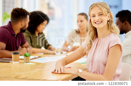 Meeting, collaboration and business woman portrait with teamwork, brainstorming idea in workplace. Motivation, goal and mission of a corporate worker planning leadership, strategy or for contact us Meeting, collaboration and business woman portrait with teamwork, brainstorming idea in workplace. Motivation, goal and mission of a corporate worker planning leadership, strategy or for contact us 122830071