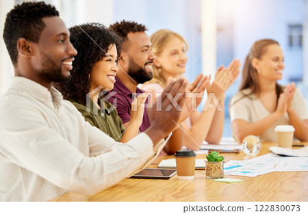 Clapping, success and global business workshop, teamwork collaboration or meeting training for happy creative people. Smile or excited diversity workers in office motivation and strategy presentation Clapping, success and global business workshop, teamwork collaboration or meeting training for happy creative people. Smile or excited diversity workers in office motivation and strategy presentation 122830073