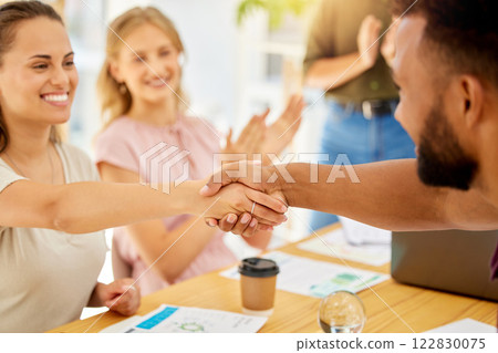 Business welcome handshake, partnership applause and deal, success and agreement collaboration in office team. Hiring promotion, meeting negotiation and shaking hands for trust, support and b2b sales 122830075