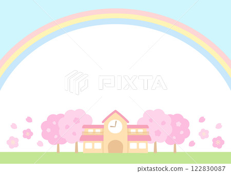 背景材料與彩虹，藍天，櫻花和學校入學典禮和畢業典禮插圖04 122830087