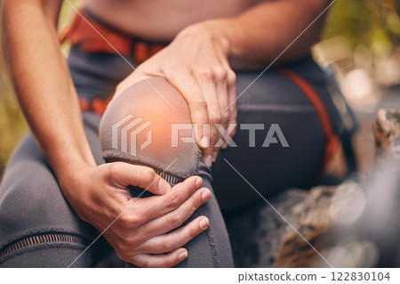 Knee, pain and injury with a hiker suffering with a painful leg getting hurt while trekking or exercise training. Cgi, special effects and overlay with the hands of female hiking outside in nature 122830104