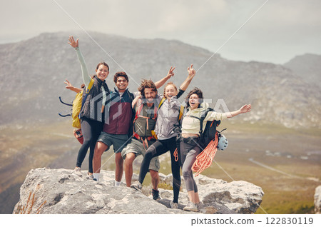Hiking goals, mountains and friends portrait for fitness, adventure or wellness lifestyle. Nature, eco and health people or group with happy motivation for backpack trekking and countryside journey 122830119
