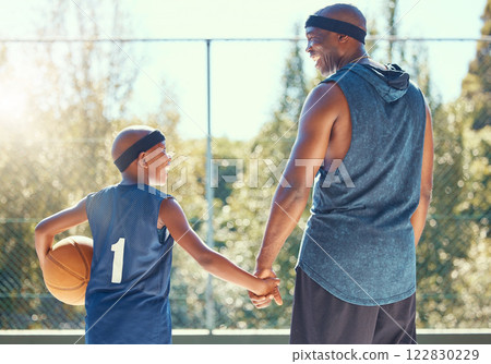 Basketball, family and sport with a dad and son training on a court outside for fitness and fun. Children, exercise and workout with a father and boy playing basket ball for health and recreation 122830229