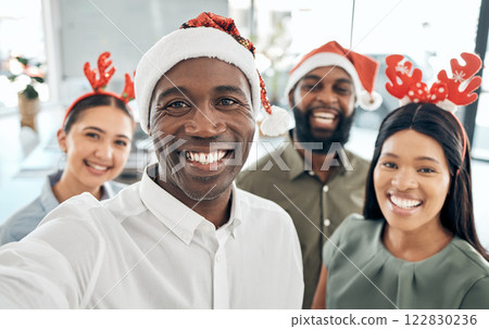 Office team selfie, Christmas party and celebration with a smile. Diversity, hard workers and happy business people celebrating together after success, good finance or financial year at the company. 122830236