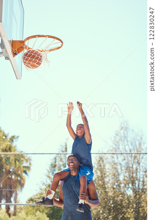Basketball court, family smile and fun together. Child learning sports, outdoor game and exercise with happy dad. Share special development moment, throw ball and man help kid reach goal Basketball court, family smile and fun together. Child learning sports, outdoor game and exercise with happy dad. Share special development moment, throw ball and man help kid reach goal 122830247
