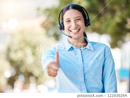 Thumbs up for success, call center support and woman working at crm telemarketing company in city, employee agreement and consultant thank you. Portrait of happy and smile customer service worker Thumbs up for success, call center support and woman working at crm telemarketing company in city, employee agreement and consultant thank you. Portrait of happy and smile customer service worker 122830264