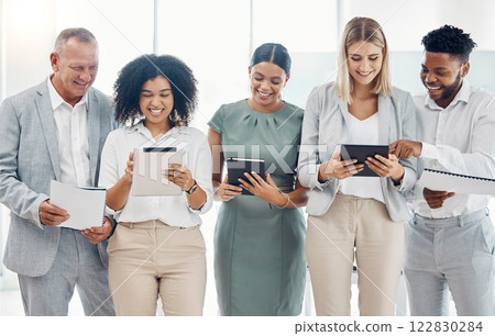 Digital, tablet and comic social media web scroll of office team talking a online break together. Diversity of tech staff employees happy and laughing with a smile using wifi internet and technology 122830284