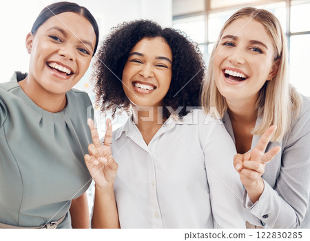 Selfie, team and portrait of business women happy, smile and silly during work break in office. Design, marketing and advertising diversity worker staff or girl friends together with peace emoji sign 122830285
