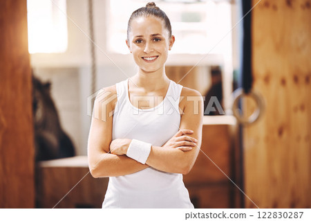 Portrait of happy athlete, gym woman and personal trainer coach with motivation for sports training, fitness and wellness exercise. Ready, smile and proud healthy workout, strong body and lifestyle Portrait of happy athlete, gym woman and personal trainer coach with motivation for sports training, fitness and wellness exercise. Ready, smile and proud healthy workout, strong body and lifestyle 122830287
