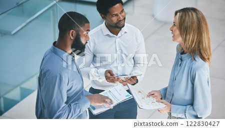 Business people planning with document and tablet, meeting about financial paper and talking about company growth in office at work. Finance employees in accounting working on strategy as team 122830427