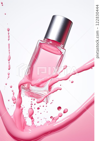Nail polish bottle and splash of pink colored lacquer on white background. Generative Ai Nail polish bottle and splash of pink colored lacquer on white background. Generative Ai 122830444