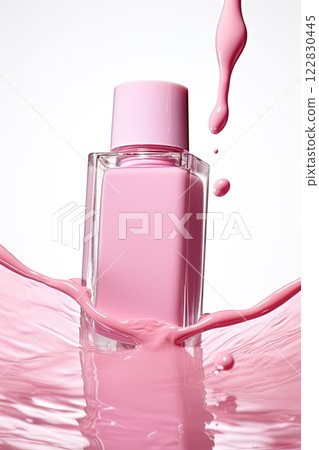 Nail polish bottle and splash of pink colored lacquer on white background. Generative Ai 122830445