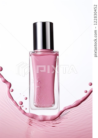 Nail polish bottle and splash of pink colored lacquer on white background. Generative Ai Nail polish bottle and splash of pink colored lacquer on white background. Generative Ai 122830452