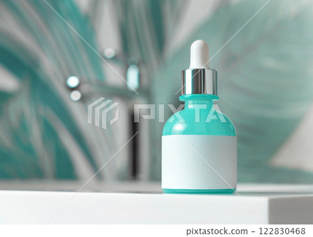 Blue glass dropper bottle with pipette on washbasin in green bathroom close up cosmetic mockup Blue glass dropper bottle with pipette on washbasin in green bathroom close up cosmetic mockup 122830468