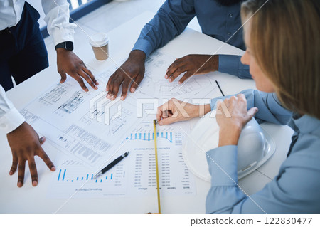 Collaboration, planning and hands of architect with blueprint documents working on house, home or shopping mall building design. Teamwork, architecture and construction strategy meeting for team plan 122830477