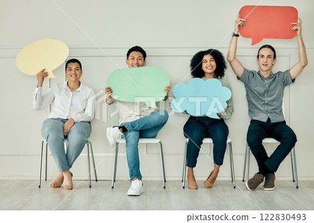Diversity business people with speech bubble sign, banner or poster waiting for interview. Social media, chat or voice team of candidates together in line for job vacancy in the office with opinion Diversity business people with speech bubble sign, banner or poster waiting for interview. Social media, chat or voice team of candidates together in line for job vacancy in the office with opinion 122830493