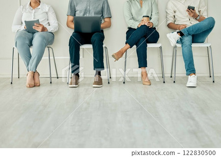 Recruitment, job and hiring interview with people waiting for hire team using technology. Potential business office digital tech workers ready for contact us agency meeting on a computer and phone 122830500