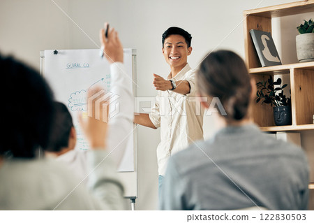 Businessman doing a presentation in a meeting with his team asking questions in a conference room. Group planning a project on a flip chart in an office. People at a corporate seminar or workshop. Businessman doing a presentation in a meeting with his team asking questions in a conference room. Group planning a project on a flip chart in an office. People at a corporate seminar or workshop. 122830503