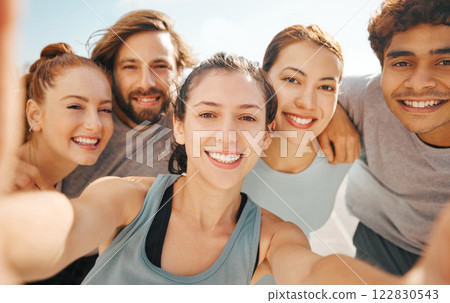 Exercise friends, selfie and social fitness and wellness event outside with health lifestyle team. Summer workout, young adults and outdoor sports club photo with active people together. 122830543