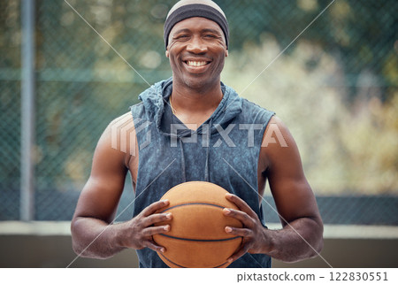 Basketball, black man and smile portrait on court ready for a sports match game outside. African athlete excited to play a friendly tournament for fitness exercise and an active lifestyle. 122830551