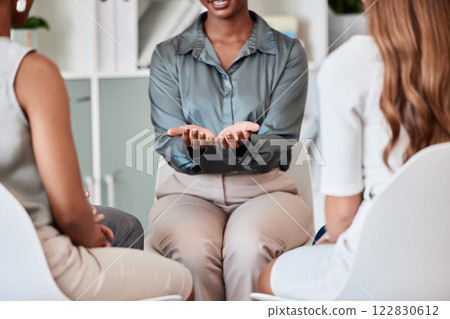 Support group, therapy and help from business woman, counselor or therapist coach in counseling meeting. Palm of psychologist hands, safety and team trust circle workshop for open group communication 122830612